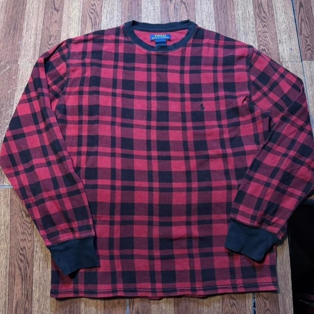 Polo Ralph Lauren‎ Black Red Plain Waffle Thermal Sleeve Shirt Fits Small